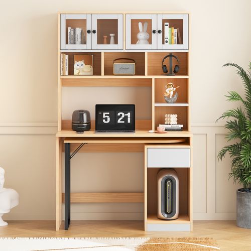 Bureau Avec Rangement, Bois Naturel, 180 Cm, Blanc