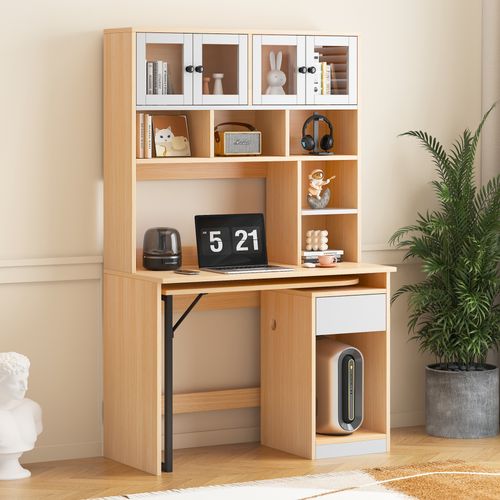 Bureau Avec Rangement, Bois Naturel, 180 Cm, Blanc