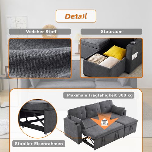 Canapé-lit Avec Fonction Lit, Canapé L Moderne Avec Rangement, Tasse Porte-boissons