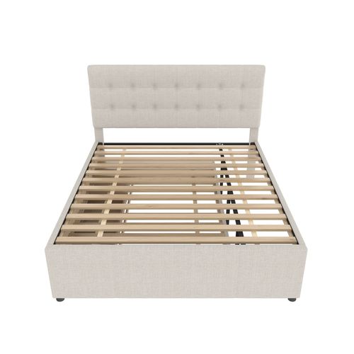 Lit Double 140x200cm En Beige Avec Trois Tiroirs, Tête De Lit Réglable, Sans Matelas