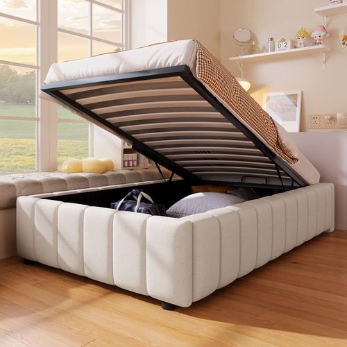 Lit Polster 90*200cm Beige Hydraulique Sans Tête De Lit Sans Matelas