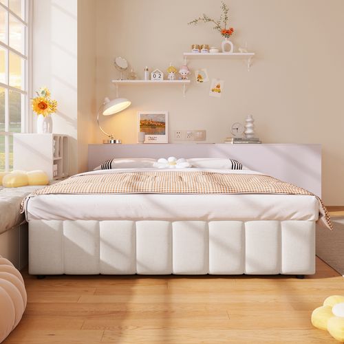 Lit Polster, Sans Tête De Lit, Avec Rangement Hydraulique, Beige, 140x200cm