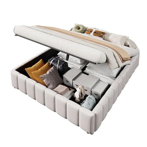 Lit Polster, Sans Tête De Lit, Avec Rangement Hydraulique, Beige, 140x200cm