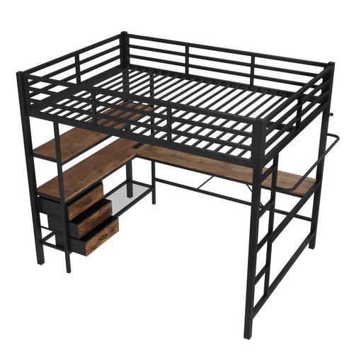 Lit Mezzanine Métal 140x200 Cm Avec Bureau Étagères LED USB 3 Tiroirs Rampe Escalier Noir