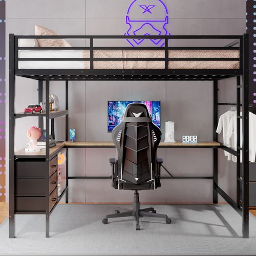 Lit Mezzanine Métal 140x200 Cm Avec Bureau Étagères LED USB 3 Tiroirs Rampe Escalier Noir