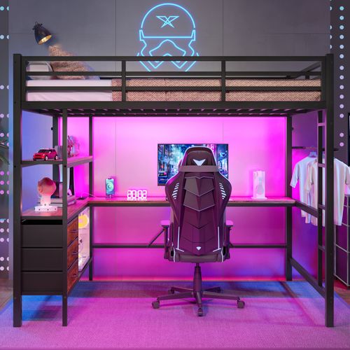 Lit Mezzanine Métal 140x200 Cm Avec Bureau Étagères LED USB 3 Tiroirs Rampe Escalier Noir