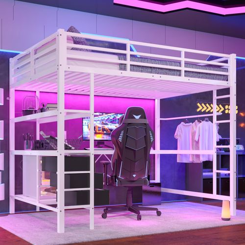 Lit Mezzanine Métal 140x200 Cm Avec Bureau Étagères LED USB 3 Tiroirs Rampe Escalier Blanc