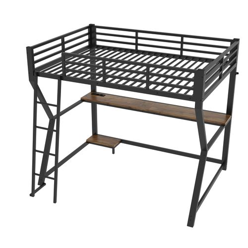 Lit Mezzanine Métal 90x200 Cm Avec Bureau Console LED USB Rampe Escalier Noir