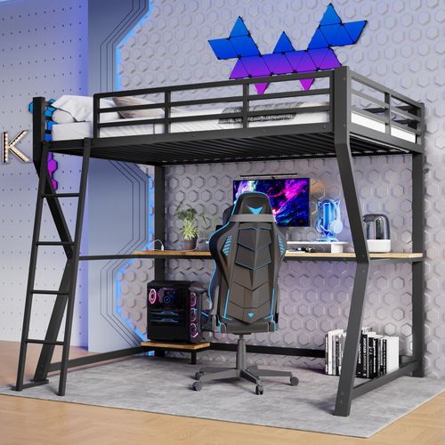 Lit Mezzanine Métal 90x200 Cm Avec Bureau Console LED USB Rampe Escalier Noir