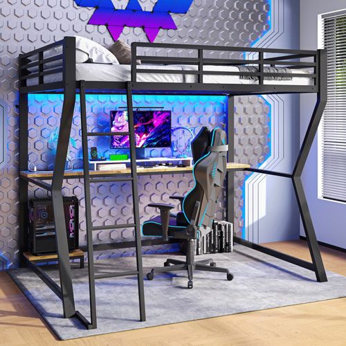 Lit Mezzanine Métal 90x200 Cm Avec Bureau Console LED USB Rampe Escalier Noir