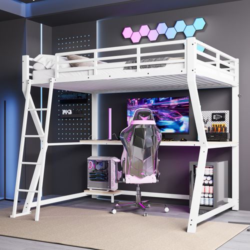 Lit Mezzanine Métal 90x200 Cm Avec Bureau Console LED USB Rampe Escalier Blanc