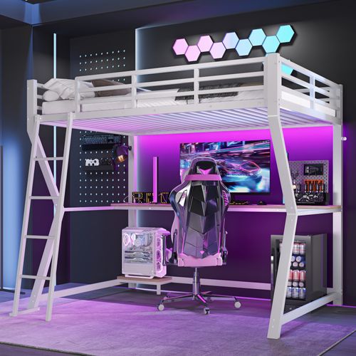 Lit Mezzanine Métal 90x200 Cm Avec Bureau Console LED USB Rampe Escalier Blanc