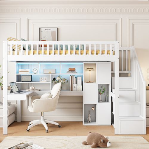 Lit Mezzanine Bois 90x200 Cm Avec Bureau Étagères Rangement LED Échelle Étagère Blanc