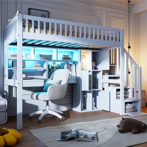 Lit Mezzanine Bois 90x200 Cm Avec Bureau Étagères Rangement LED Échelle Étagère Blanc