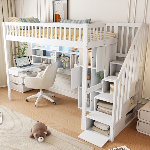 Lit Mezzanine Bois 90x200 Cm Avec Bureau Étagères Rangement LED Échelle Étagère Blanc