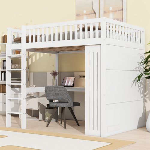 Lit Mezzanine Bois 140x200 Cm Avec Bureau Armoire 3 Tiroirs Espace Ouvert Rampe Escalier Blanc