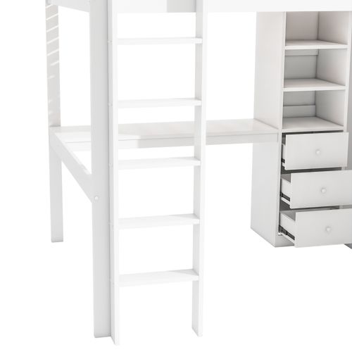 Lit Mezzanine Bois 140x200 Cm Avec Bureau Armoire 3 Tiroirs Espace Ouvert Rampe Escalier Blanc