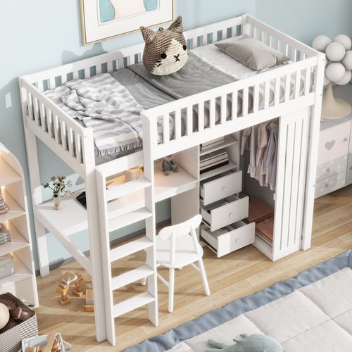 Lit Mezzanine Bois 90x200 Cm Avec Bureau Armoire 3 Tiroirs Espace Ouvert Rampe Escalier Blanc