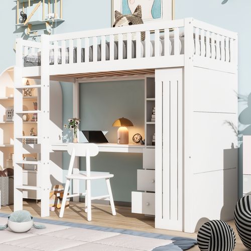 Lit Mezzanine Bois 90x200 Cm Avec Bureau Armoire 3 Tiroirs Espace Ouvert Rampe Escalier Blanc