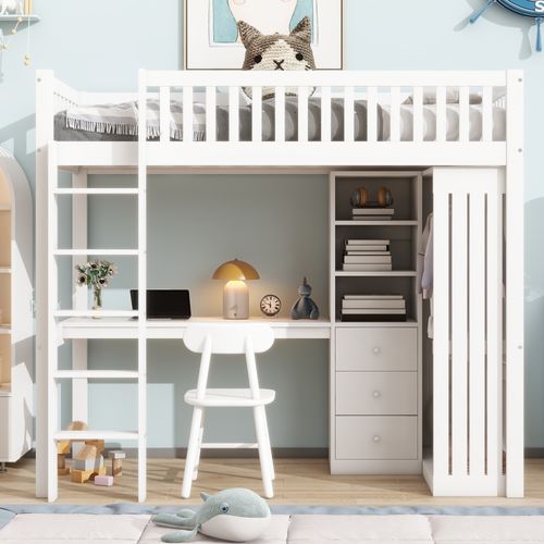 Lit Mezzanine Bois 90x200 Cm Avec Bureau Armoire 3 Tiroirs Espace Ouvert Rampe Escalier Blanc