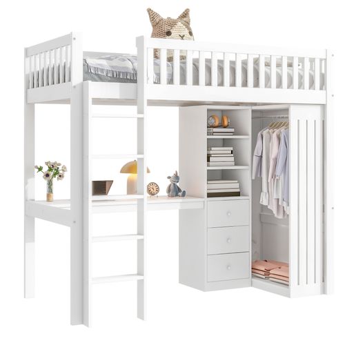 Lit Mezzanine Bois 90x200 Cm Avec Bureau Armoire 3 Tiroirs Espace Ouvert Rampe Escalier Blanc