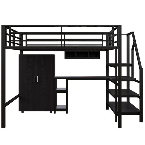 Lit Mezzanine Bois 140x200 Cm Avec Bureau Armoire Étagères Échelle Étagère Noir