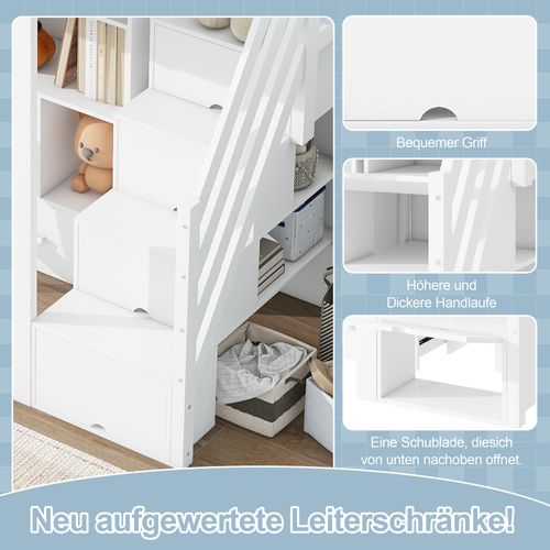 Lit Mezzanine Bois 90x200 Cm Sans Matelas Rampe Bureau Tiroirs Armoire Ouverte Blanc