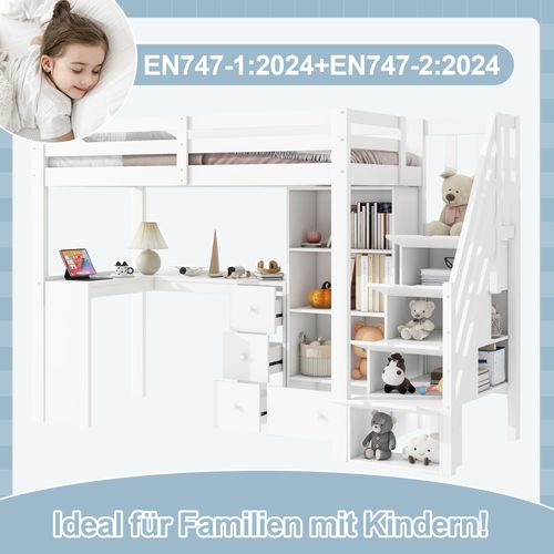 Lit Mezzanine Bois 90x200 Cm Sans Matelas Rampe Bureau Tiroirs Armoire Ouverte Blanc