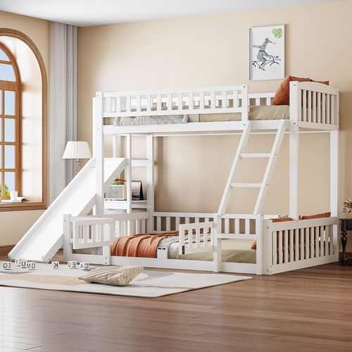 Lit Superposé En Bois De Pin 90x200 Et 140x200 Cm Avec Toboggan Et Étagères, Blanc