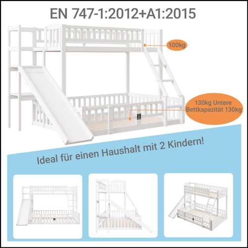 Lit Superposé En Bois De Pin 90x200 Et 140x200 Cm Avec Toboggan Et Étagères, Blanc
