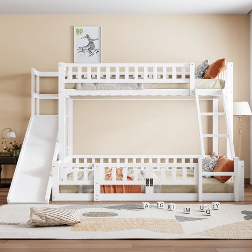 Lit Superposé En Bois De Pin 90x200 Et 140x200 Cm Avec Toboggan Et Étagères, Blanc