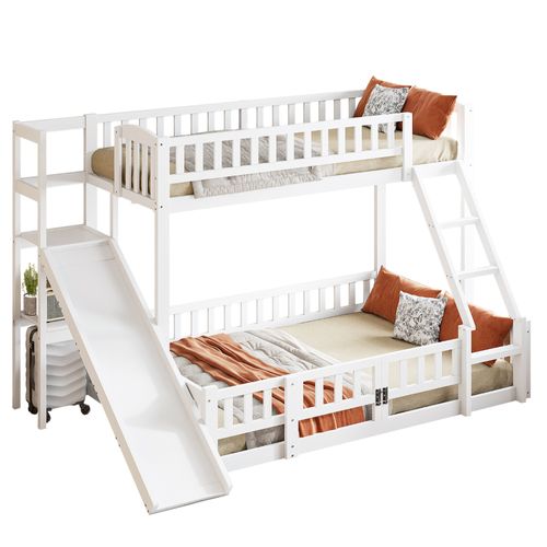 Lit Superposé En Bois De Pin 90x200 Et 140x200 Cm Avec Toboggan Et Étagères, Blanc
