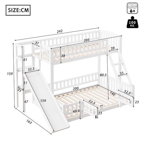 Lit Superposé En Bois De Pin 90x200 Et 140x200 Cm Avec Toboggan Et Étagères, Blanc