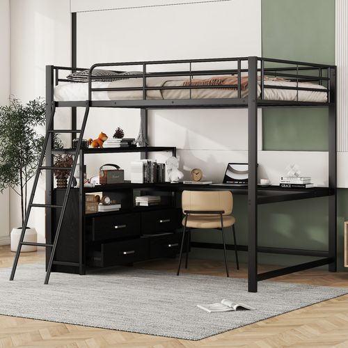 Lit Mezzanine Métal 140x200 Cm Avec Tiroirs Bureau Angle Style Bois Stratifié Noir