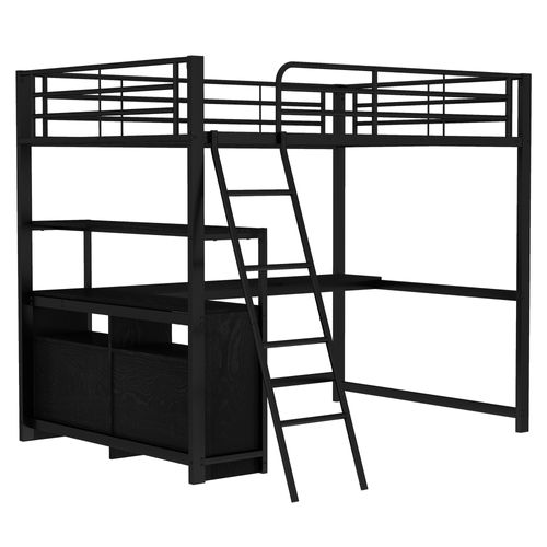 Lit Mezzanine Métal 140x200 Cm Avec Tiroirs Bureau Angle Style Bois Stratifié Noir