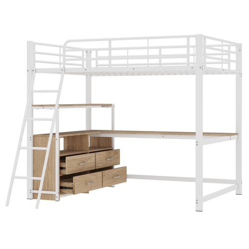 Lit Mezzanine Métal 140x200 Cm Avec Tiroirs Bureau Angle Style Bois Stratifié Blanc