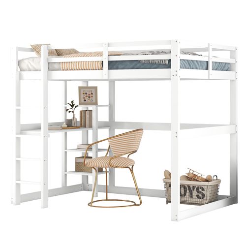Lit Enfant Lit Mezzanine Cadre Avec Rangement, En Pin, Avec 4 Étagères Et Un Bureau, Blanc 140x200