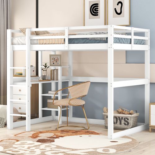 Lit Enfant Lit Mezzanine Cadre Avec Rangement, En Pin, Avec 4 Étagères Et Un Bureau, Blanc 140x200