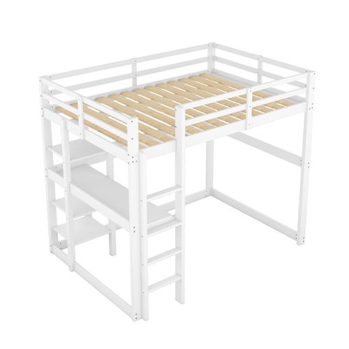 Lit Enfant Lit Mezzanine Cadre Avec Rangement, En Pin, Avec 4 Étagères Et Un Bureau, Blanc 140x200
