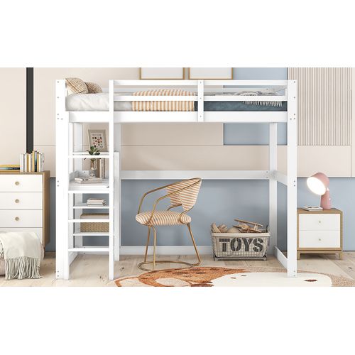 Lit Enfant Lit Mezzanine Cadre Avec Rangement, En Pin, Avec 4 Étagères Et Un Bureau, Blanc 140x200