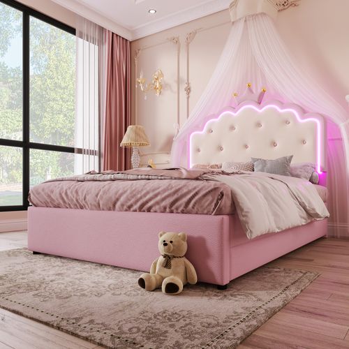 Lit Capitonné, Pu, Avec Sommier, Éclairage D'ambiance, Lit D'appoint, 2 Tiroirs, Rose 140 x 200 cm
