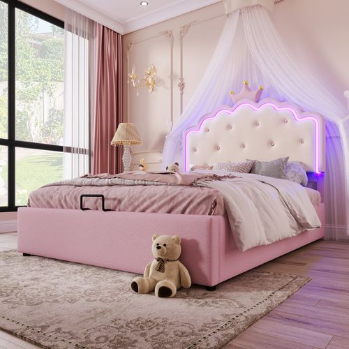 Lit Avec Rangement Hydraulique, Pu, Lumière Ambiante Télécommandée, Forme De Princesse 200x140