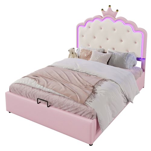Lit Avec Rangement Hydraulique, Pu, Lumière Ambiante Télécommandée, Forme De Princesse 200x140