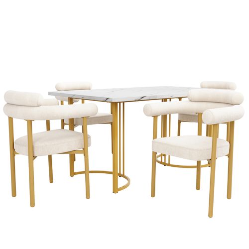 Ensemble Table Et Chaises (5 Pièces), Table Métal, 4 Chaises Suède Crème, Doré