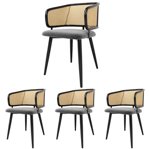 Chaises Salle à Manger Rotin Et Velours 4 Pièces Coussin Doux, Style Moderne Et Aéré