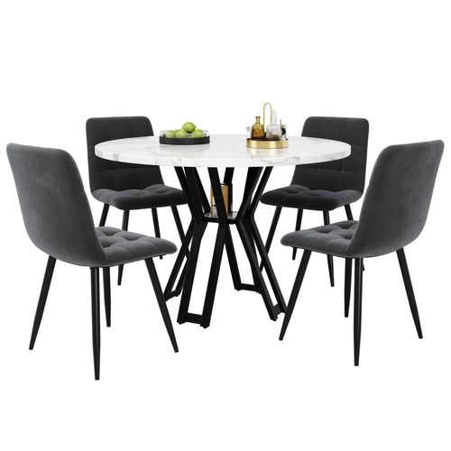 Ensemble Repas Mdf Métal 100 Cm Table Ronde Marbre Avec 4 Chaises ,gris