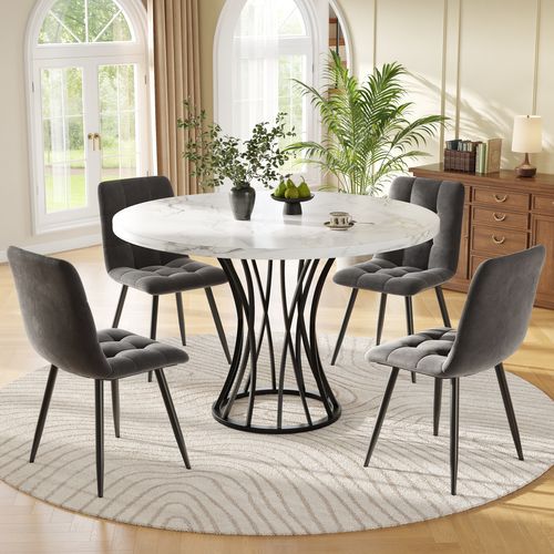 Ensemble repas moderne 5 pièces avec table ronde Ø80 cm effet marbre blanc et 4 chaises velours gris