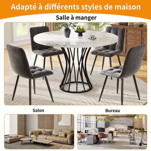 Ensemble repas moderne 5 pièces avec table ronde Ø80 cm effet marbre blanc et 4 chaises velours gris