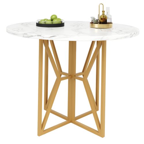 Table Ronde 80x80x76 Cm, Pour 4-6 Personnes, Pieds Dorés, Plateau Marbré