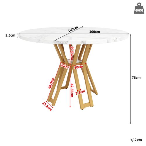 Table Ronde 100x100x76 Cm, Pour 4-6 Personnes, Pieds Dorés, Plateau Marbré